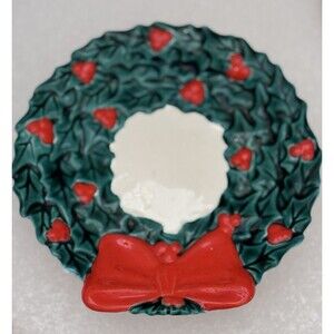 Vintage Handpainted Wreath Christmas Plate 5” Holiday Decor